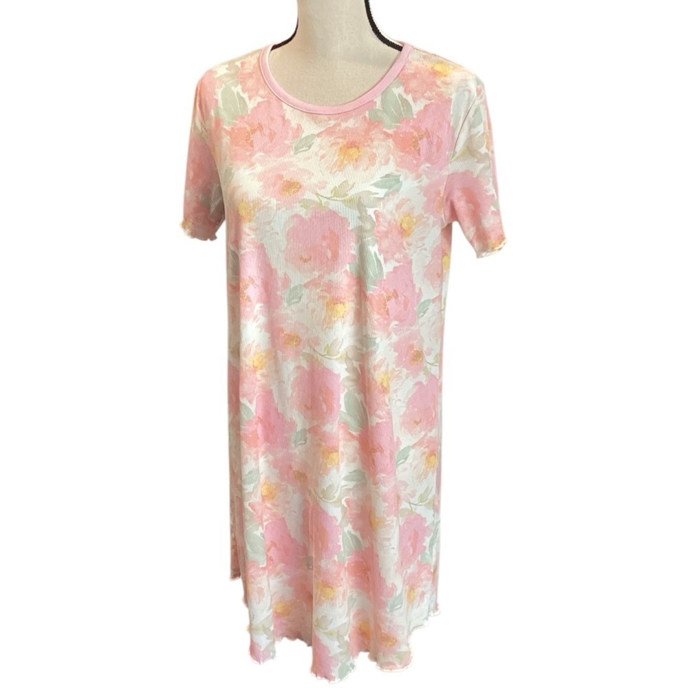 Flora Nikrooz Fine‎ Ribbed Pink Floral Scoop Neck Nightgown Sleep Shirt Small